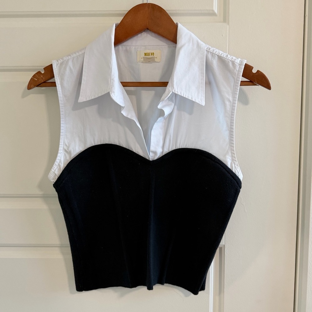Anthropologie Maeve Black and White Sleeveless Blouse with Busier and Collar - Picture 1 of 8